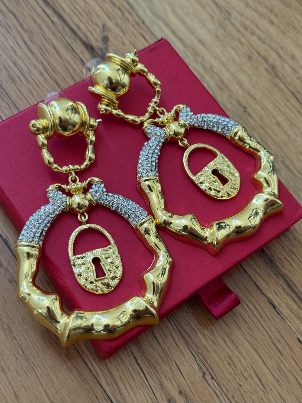 Vintage Gold Padlock Hoop Drop Earrings with Crystal Accents - Women Jewelry